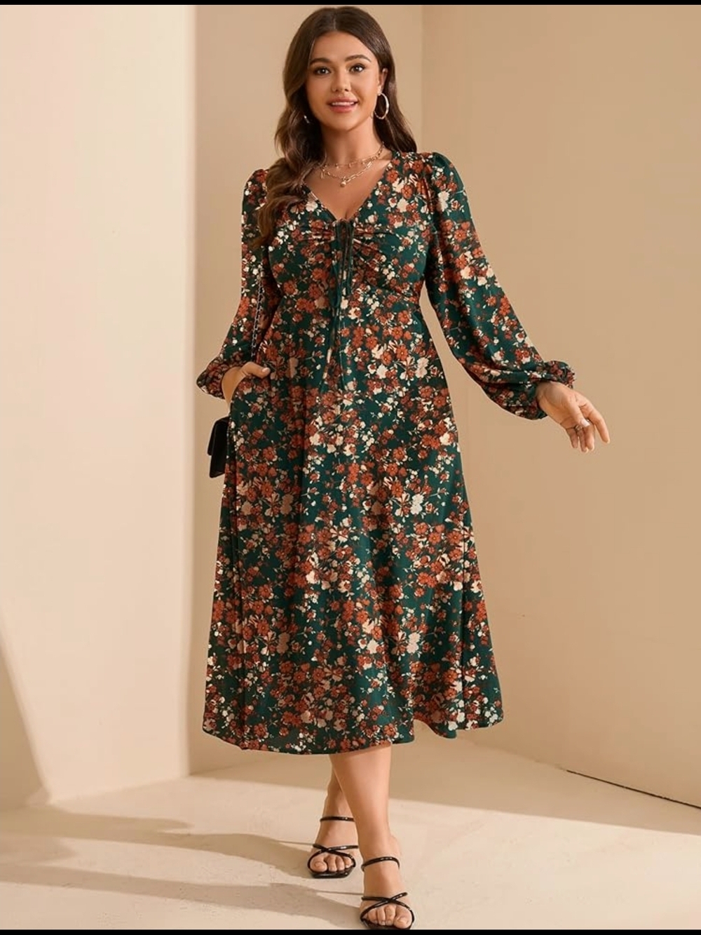 RWJ - XL Floral V-Neck Long Sleeve Midi Dress - Green Floral - Picture 6 of 11